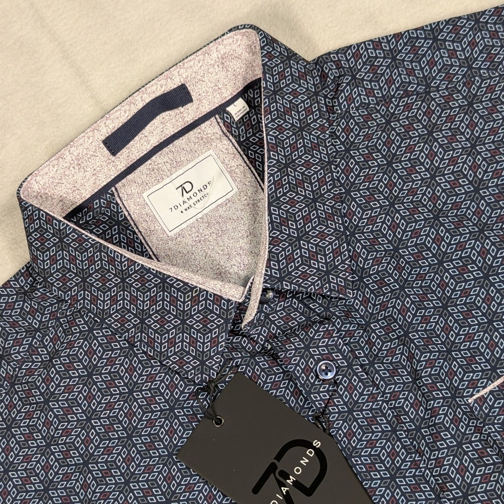 NEW 7 Diamonds Liberty 4-Way Stretch Shirt Mens Large Navy Cube Print